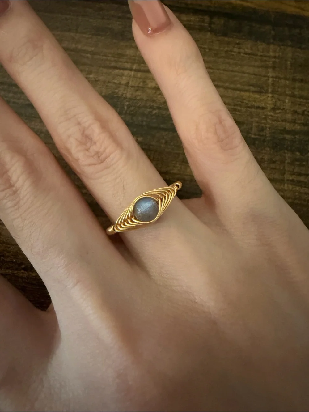 NEW 14kt evil eye gold filled natural laboradorite ring, wire wrapped adjustable